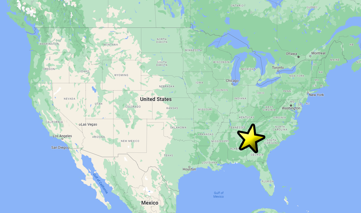 Map of the United States with a large yellow star over Atlanta, GA.